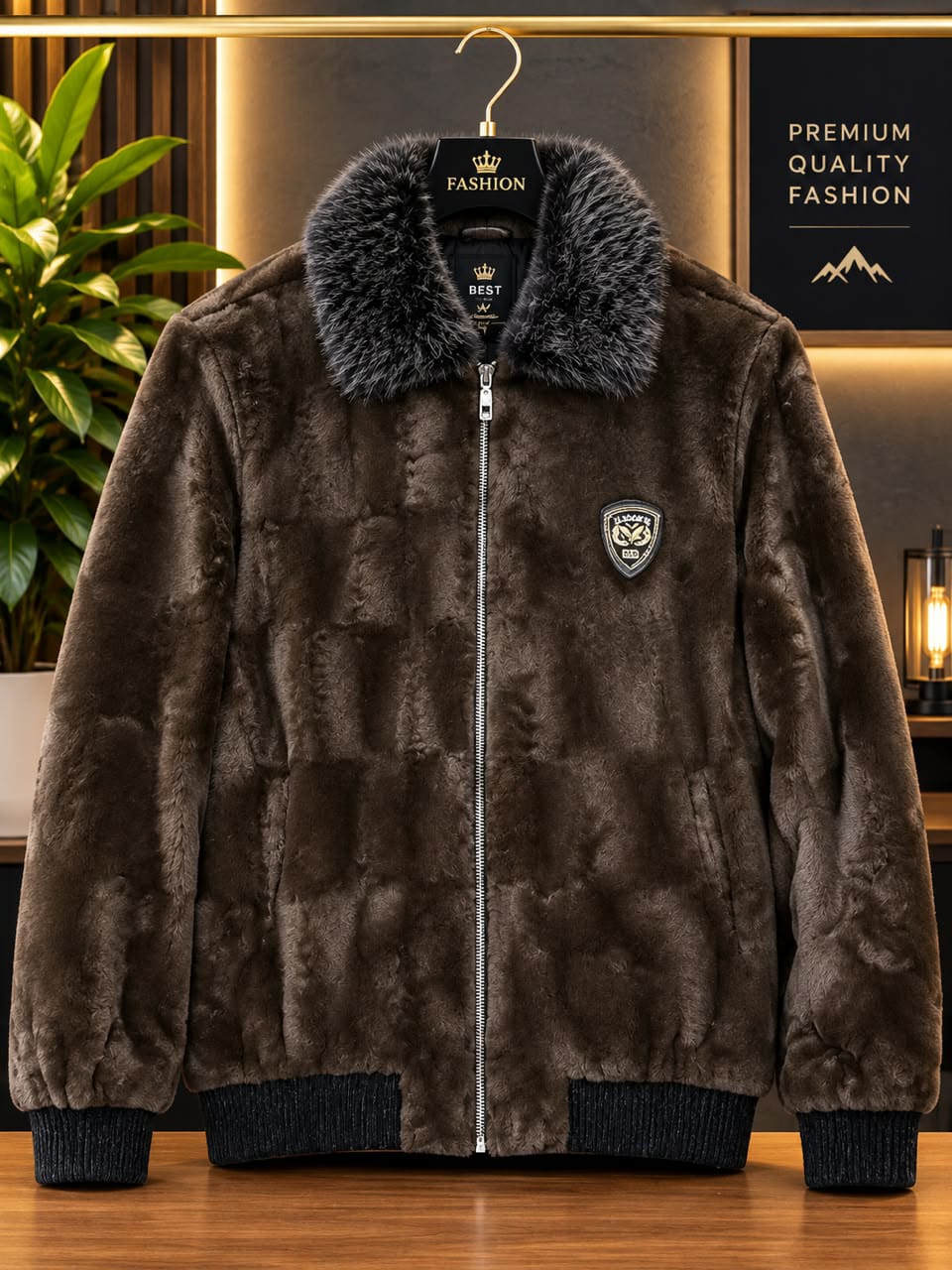 Men’s Premium Dark Brown Faux Fur Jacket with Fur Collar