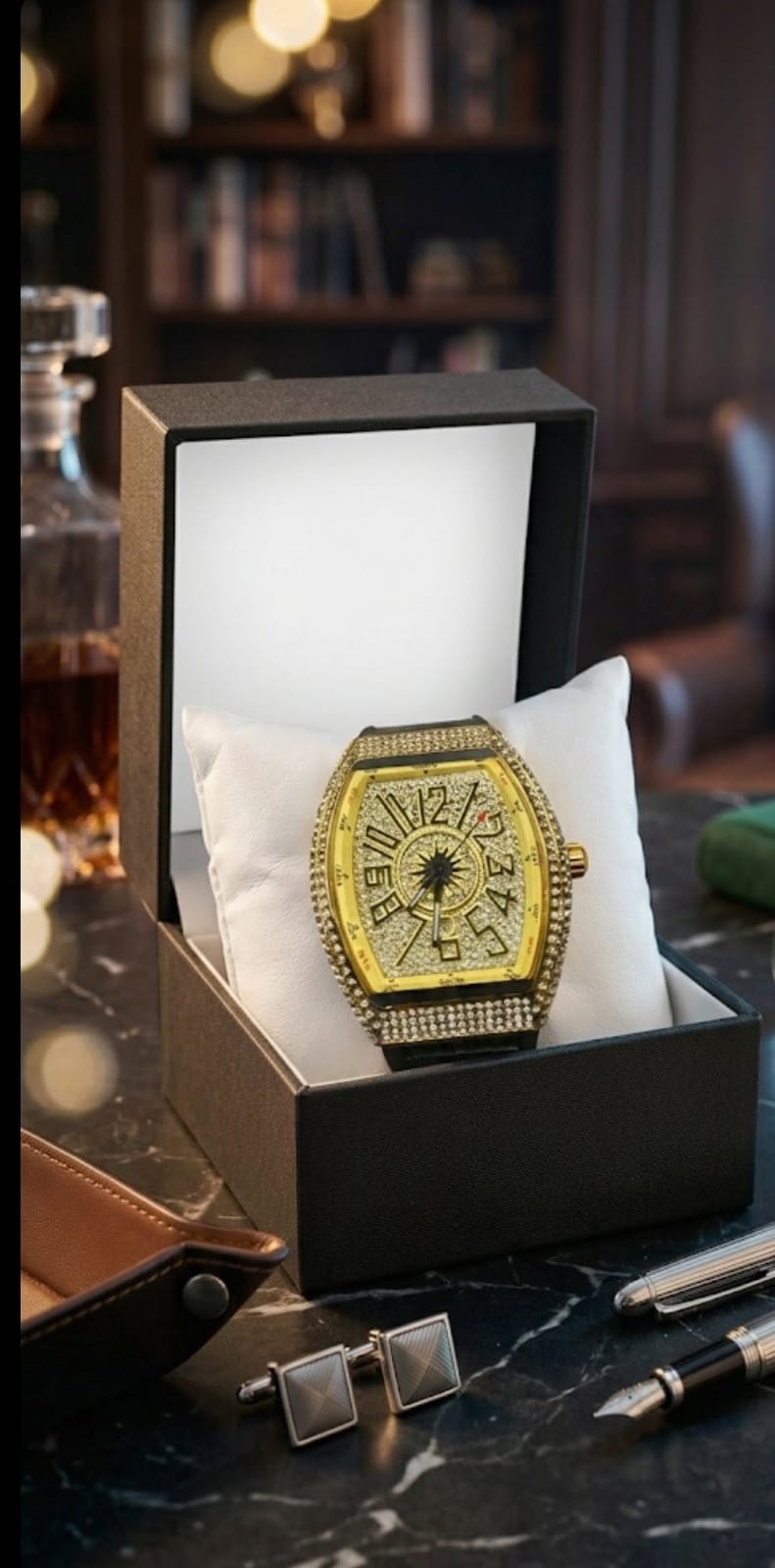 Luxury Gold & Green Tonneau Crystal Watch