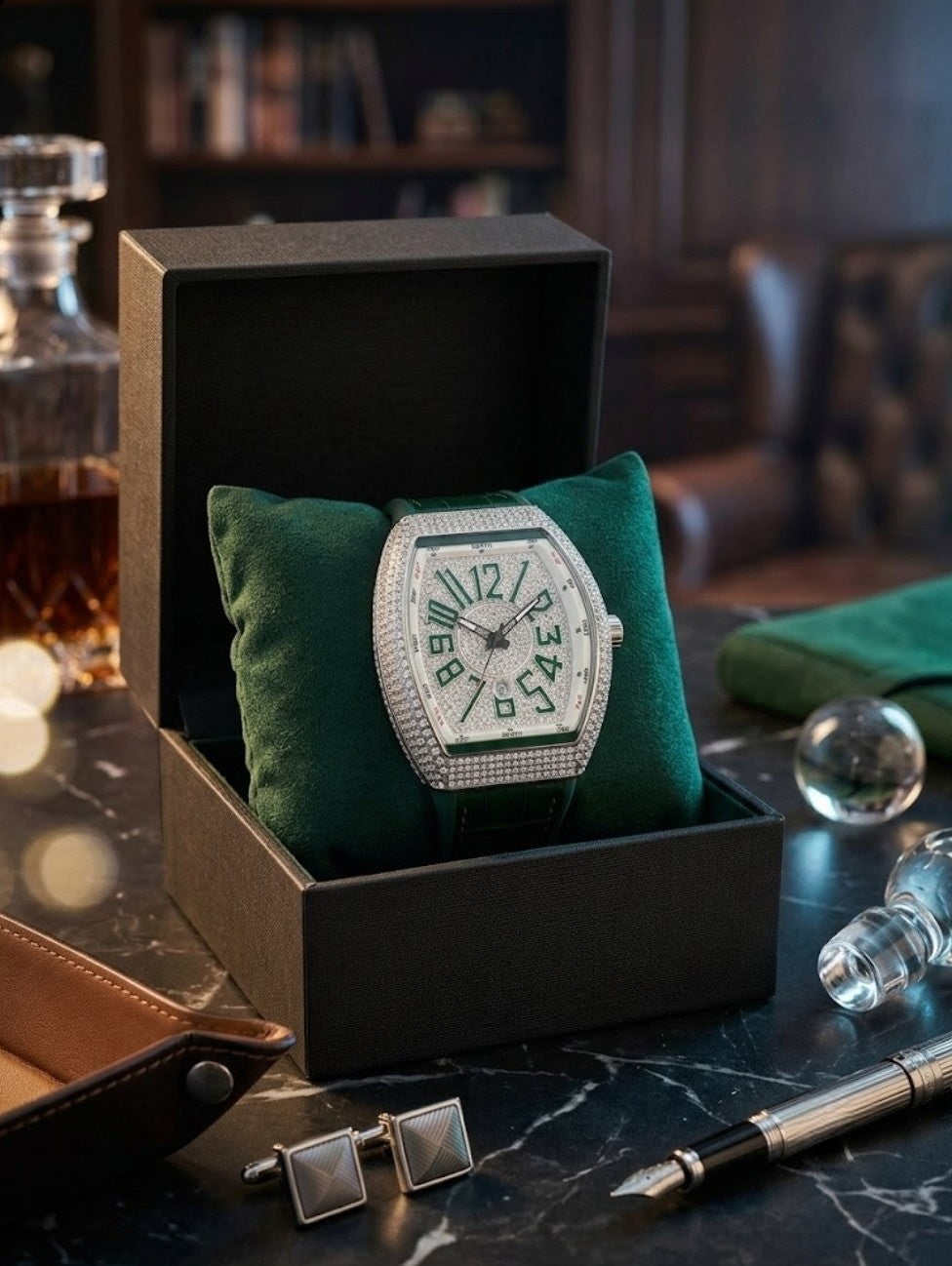 Luxury Gold & Green Tonneau Crystal Watch
