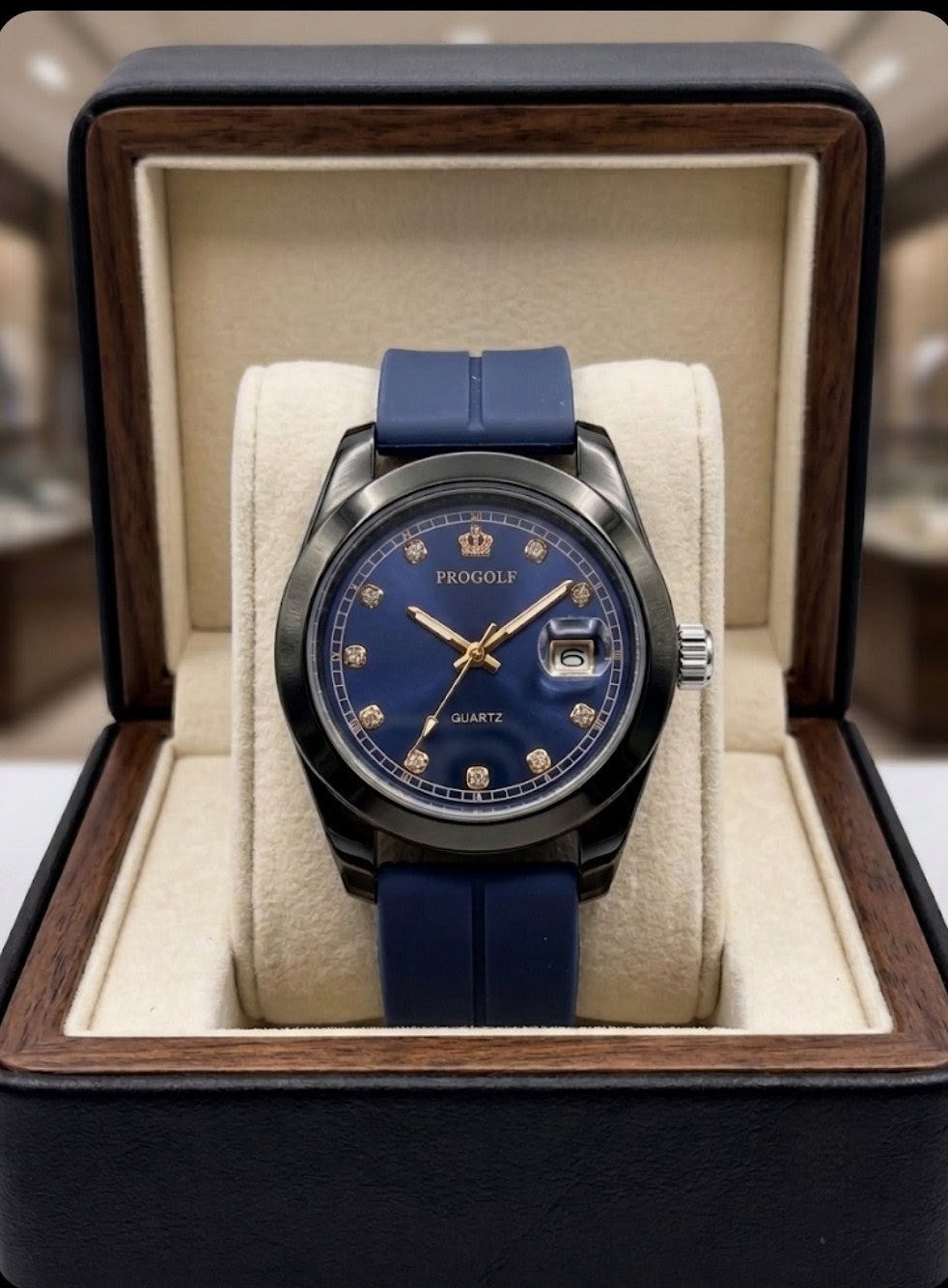 PROGOLF Men’s Luxury Quartz Watch – Black & Blue Dial with Silicone Strap