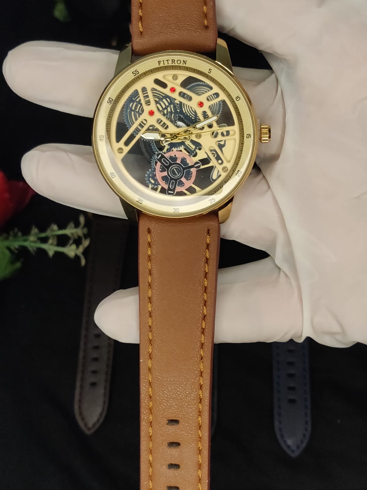 Fitron Men's Skeleton Analog Leather Strap Watch