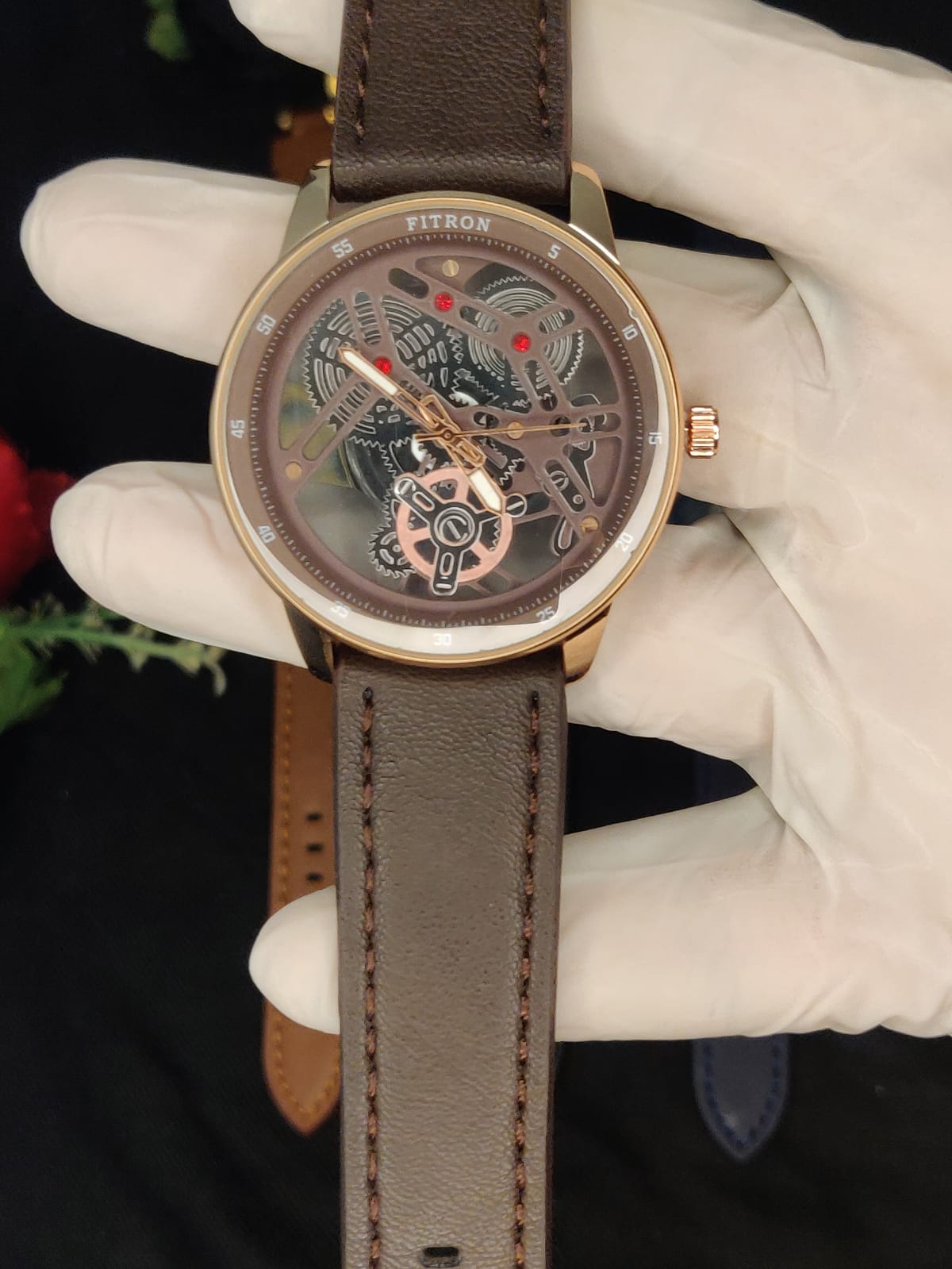 Fitron Men's Skeleton Analog Leather Strap Watch