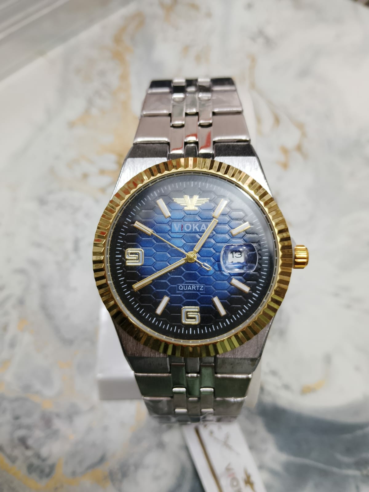 Viokaf Quartz Analog Watch – Blue & White Honeycomb Dial