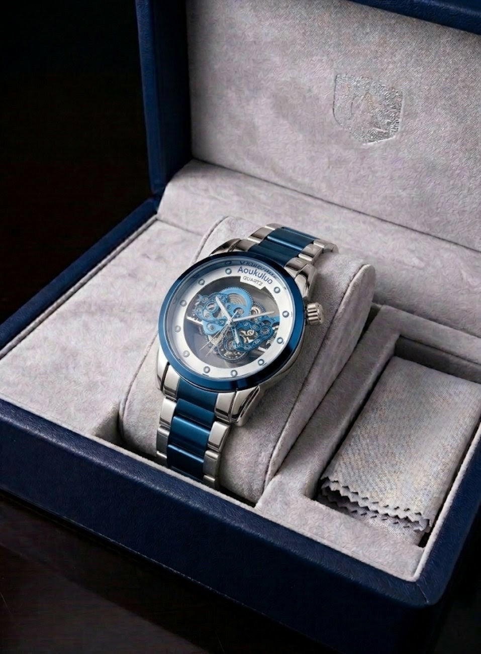 Luxury Skeleton Automatic-Style Men’s Wristwatch – Blue & Gold