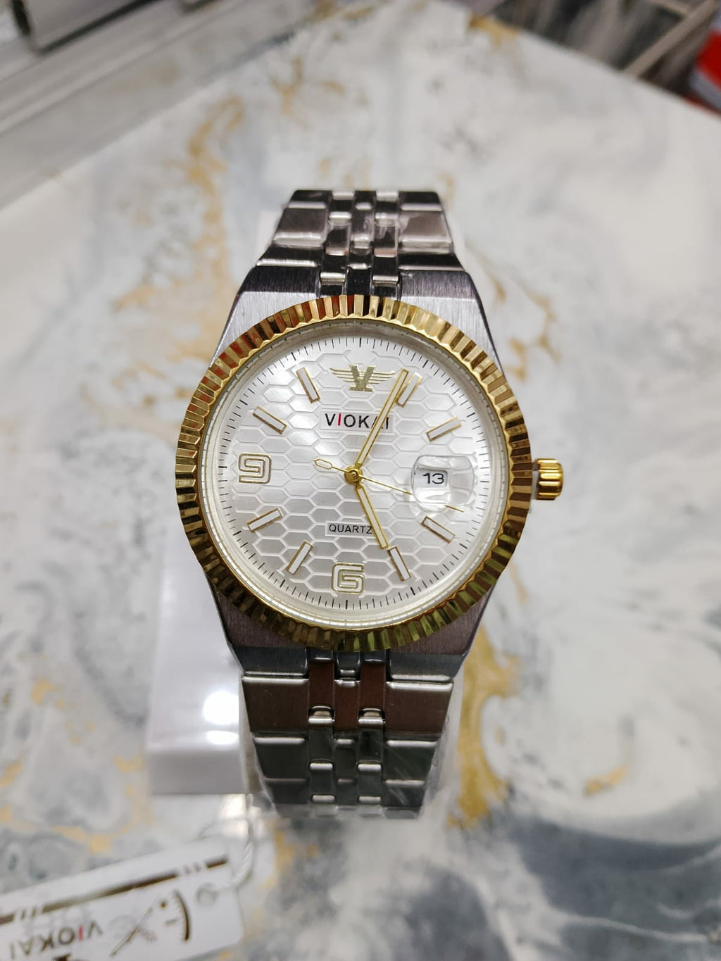 Viokaf Quartz Analog Watch – Blue & White Honeycomb Dial
