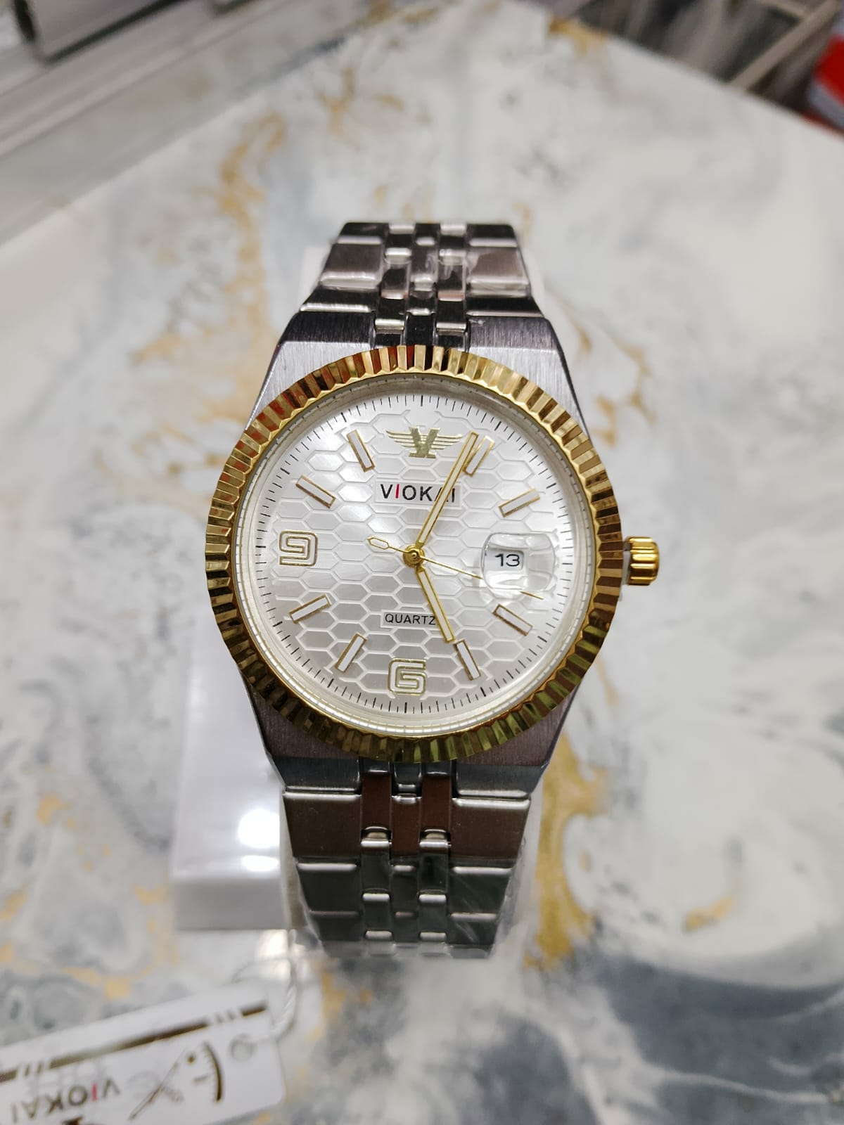 Viokaf Quartz Analog Watch – Blue & White Honeycomb Dial