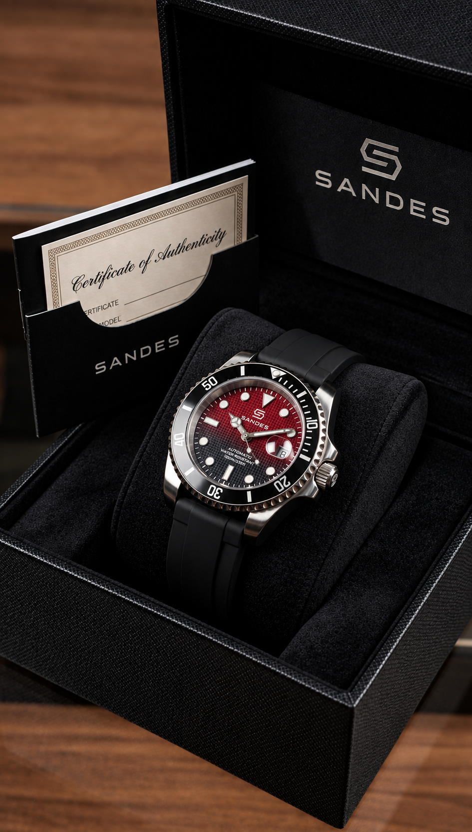 SANDES Luxury Automatic Diver Watch – Red Dial & Black Rubber Strap