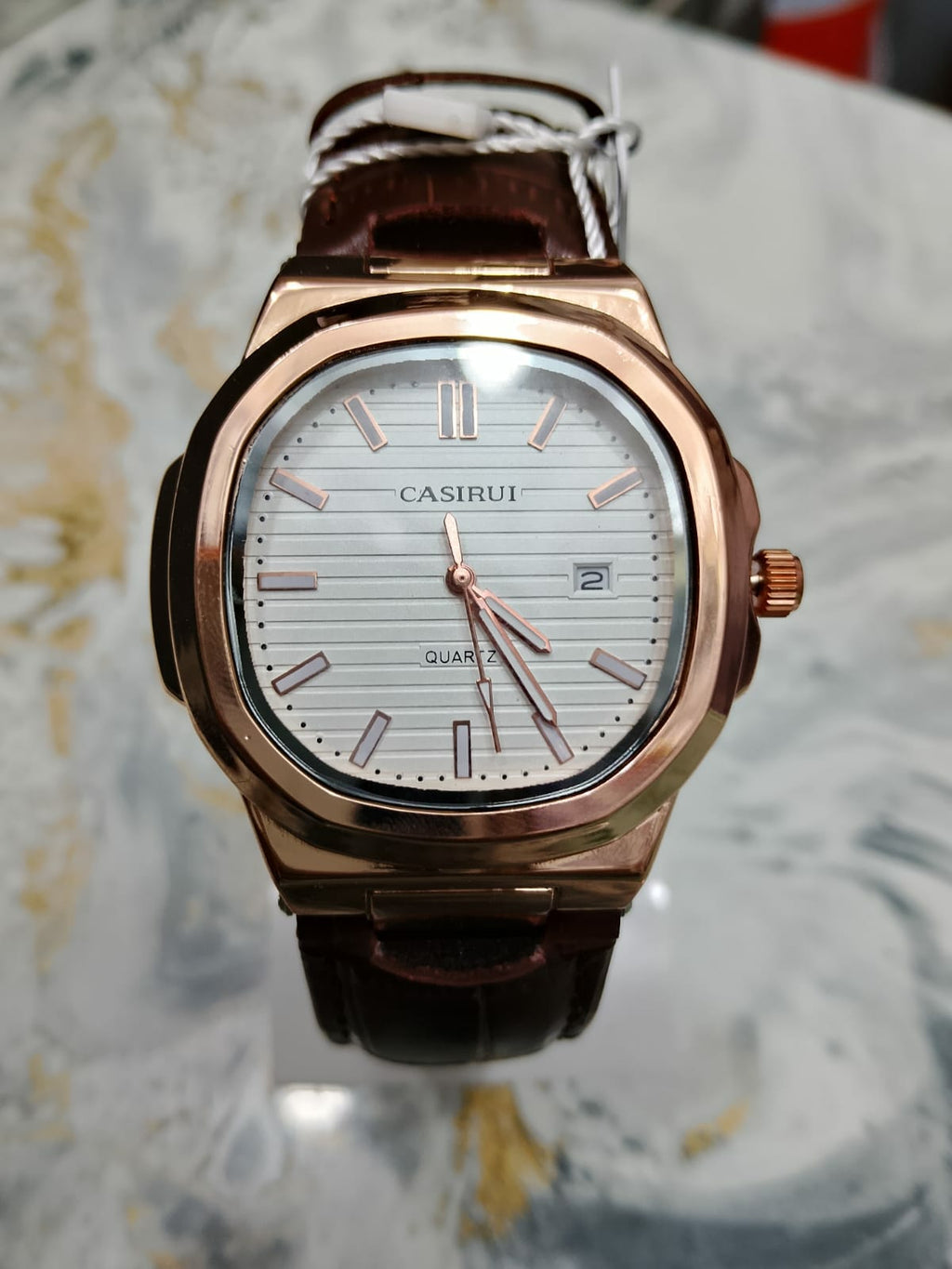CASIRUI Men's Rose Gold Analog Watch with Brown Leather Strap
