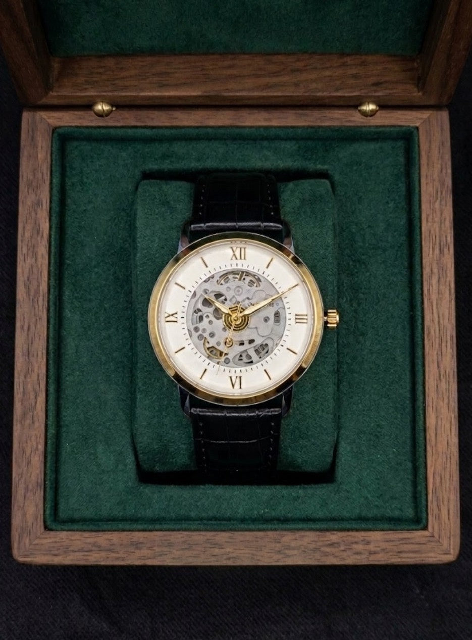 Luxury Skeleton Mechanical Watch – Gold Tone Bezel with Premium Black Strap