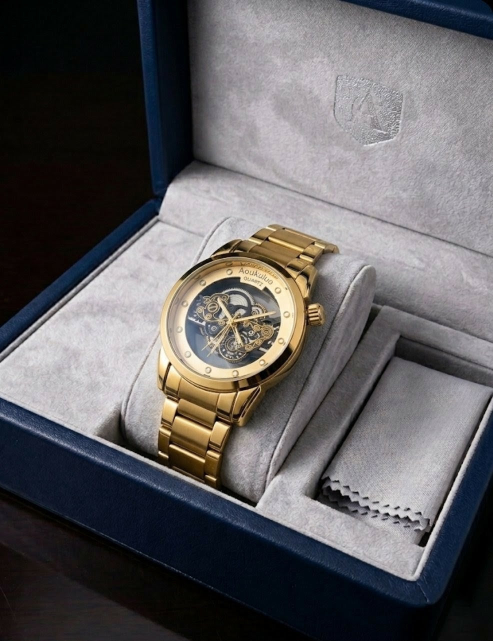 Luxury Skeleton Automatic-Style Men’s Wristwatch – Blue & Gold
