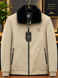 Men’s Beige Suede-Style Jacket with Black Fur Collar