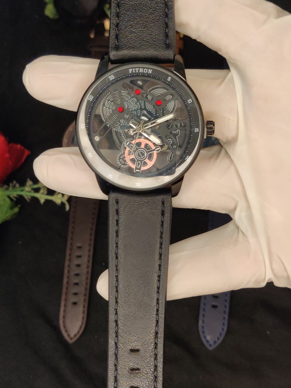 Fitron Men's Skeleton Analog Leather Strap Watch