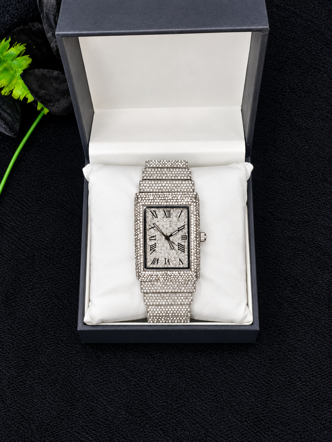 Luxury Crystal Rectangular Men's Watch – Silver-Tone Roman Dial
